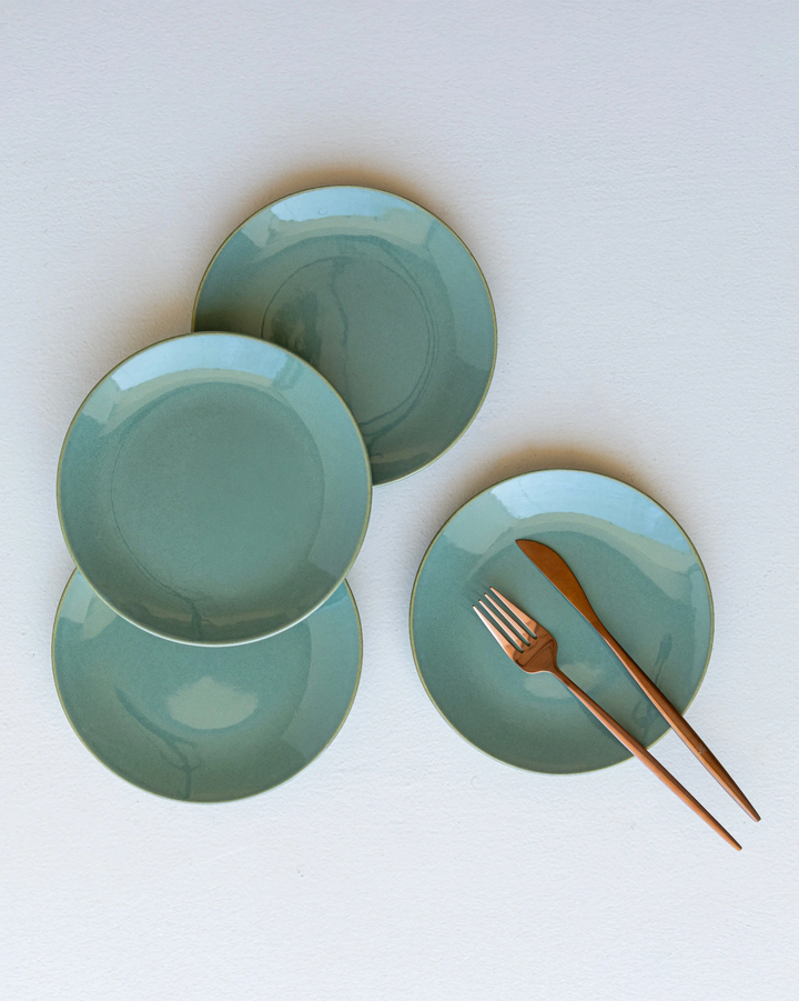 Dishwasher-safe seafoam green quarter plate, bone ash-free and glazed for durable daily dining