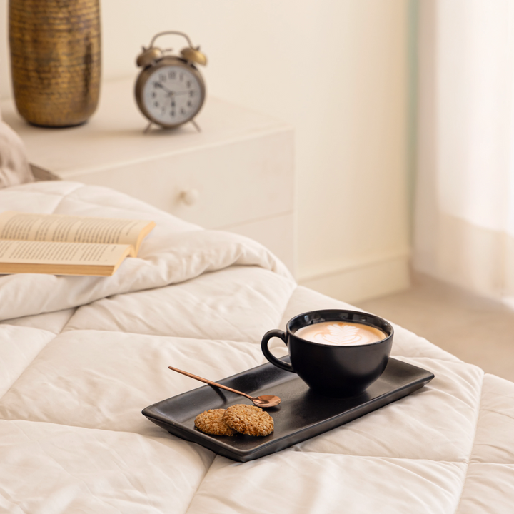 Microwave and dishwasher safe black ceramic trays, serve tea, coffee and drinks with snacks.