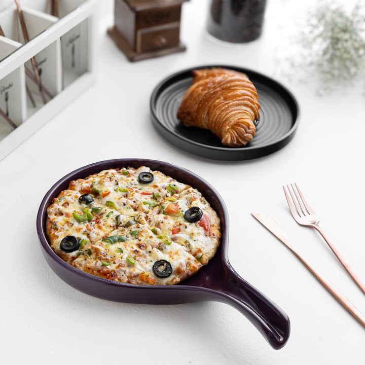 Pretty solid purple ceramic platter, glazed and bone ash-free for safe dining. Perfect for pizza and croissant.
