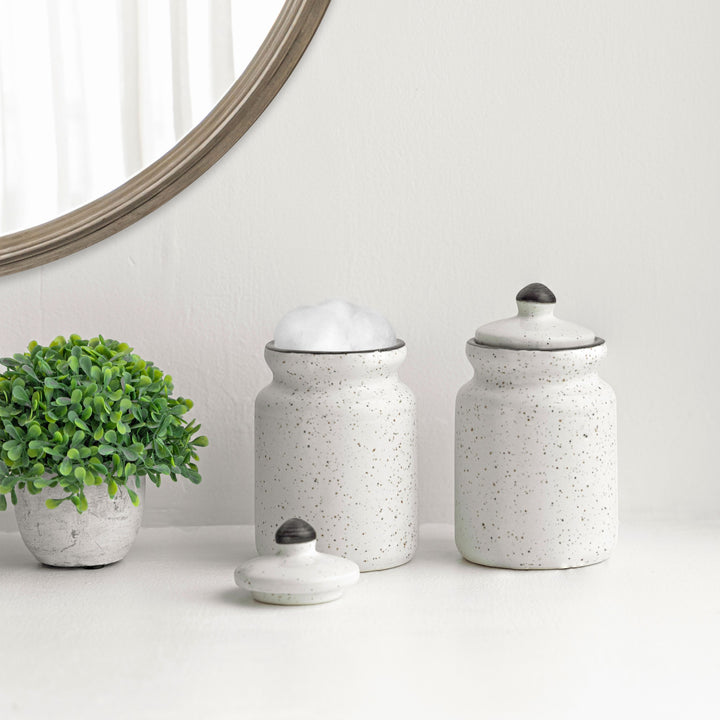 Two ceramic salt jars for the kitchen, placed alongside a potted plant on a white surface