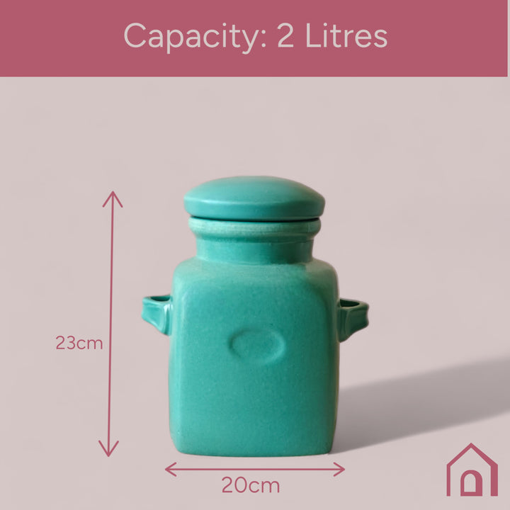 Lead-free ceramic storage jar in teal with minimalist look, food-safe and beautifully glazed with 2 litre capacity.
