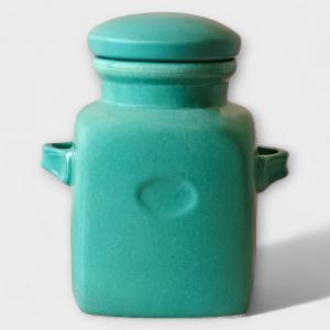 Teal ceramic jar with snug-fit lid, food-safe, handmade and non-toxic for stylish kitchen storage.