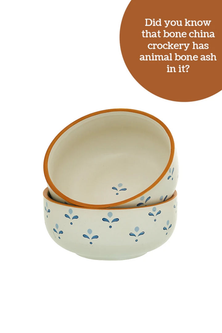 Set of two ceramic bowls with floral patterns on a white background, accompanied by text about bone china crockery.