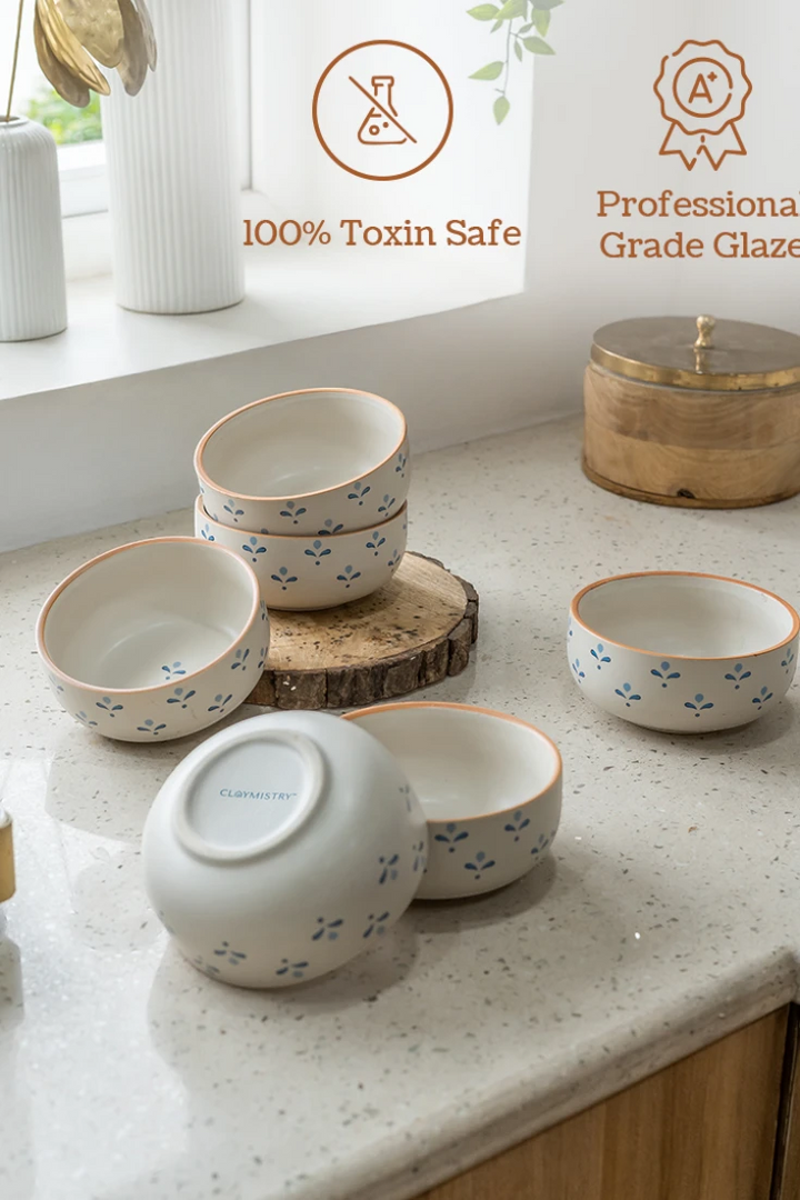 Set of ceramic bowls on a kitchen counter with '100% Toxin Safe' and 'Professional Grade Glaze' labels.