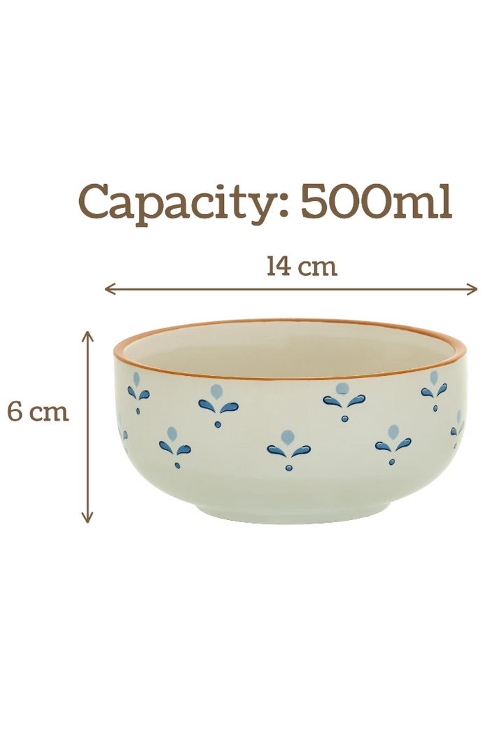 Ceramic bowl with floral patterns and measurements on a white background