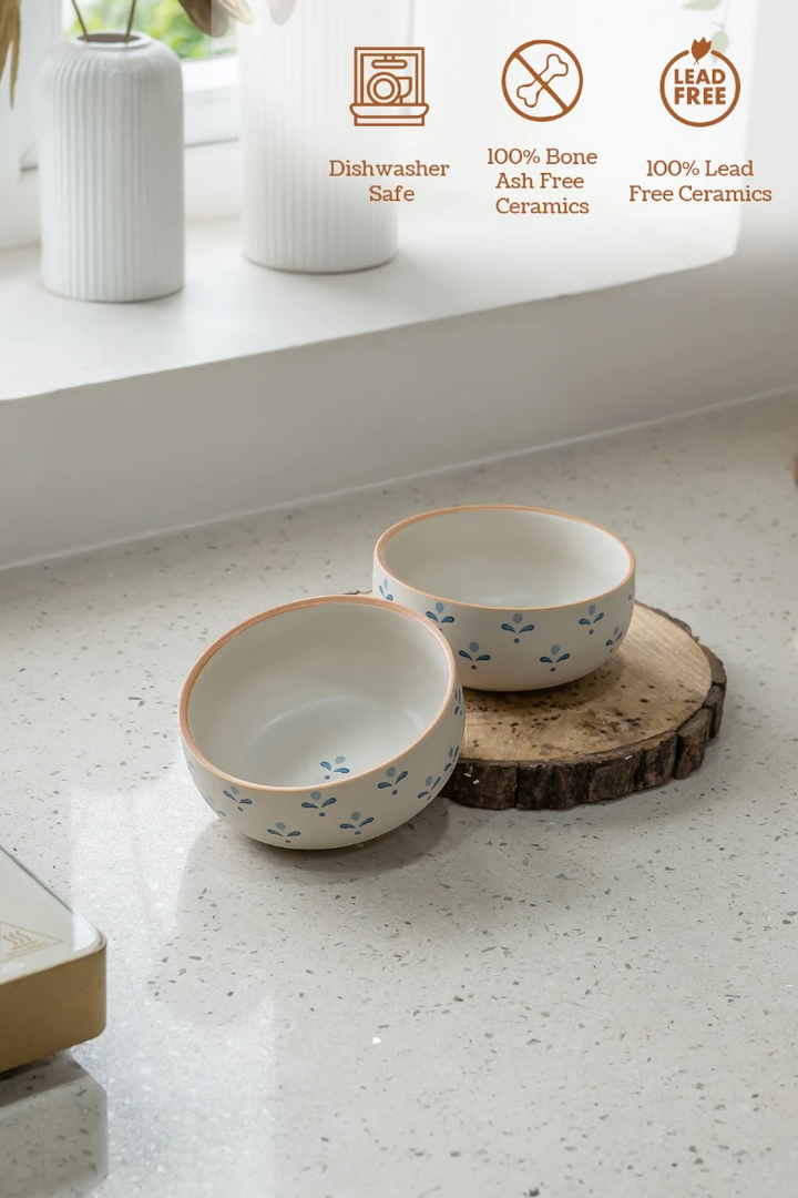 Two ceramic bowls on a countertop with safety and material information icons.