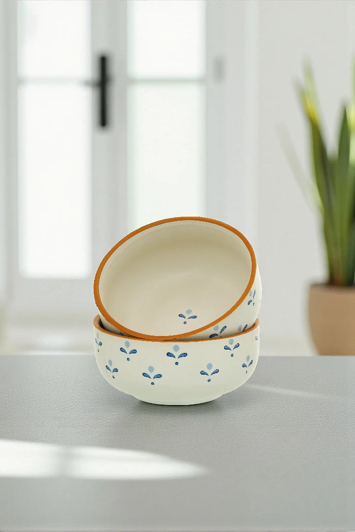 Two ceramic bowls with floral patterns on a light surface.