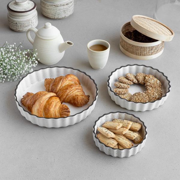 Handmade white speckled ceramic serving trays in 3 sizes, lead-free and safe for elegant dining