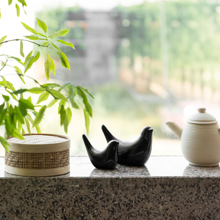 Two black bird ceramic figurines and a ceramic teapot displayed on a window ledge creating a zen environment.